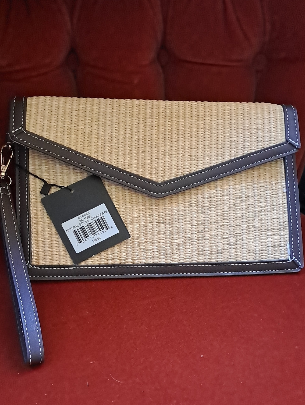 Nanette Lepore Natural Straw Envelope Clutch with Chocolate Trim